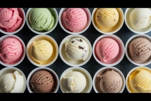 An overhead view of fifteen small white bowls, each filled with a different flavor of ice cream, arranged in a grid.