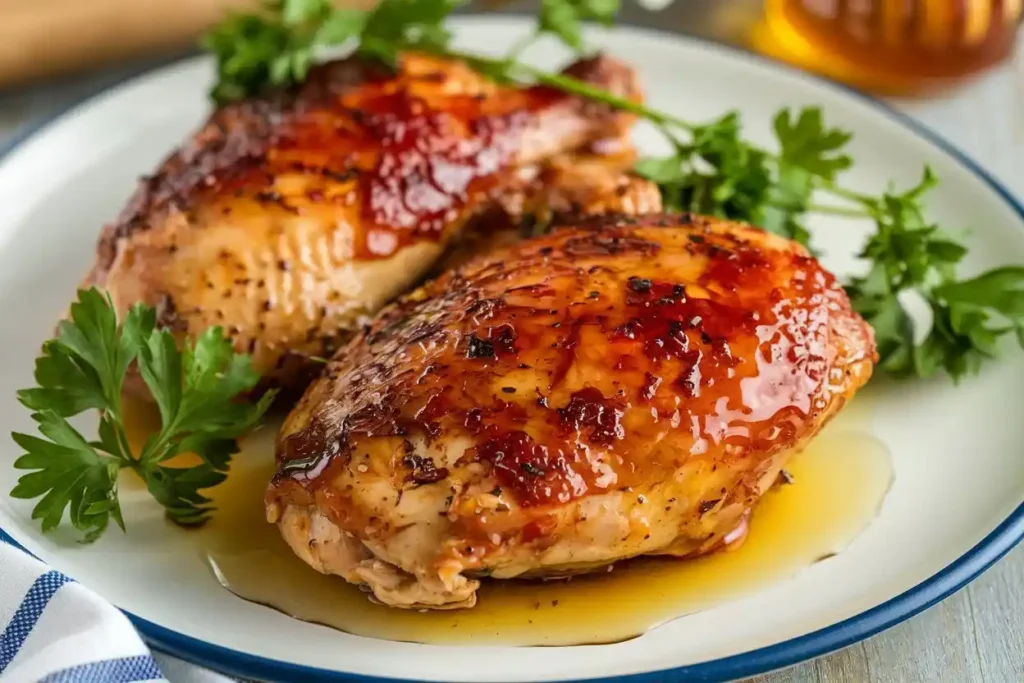 Honey-glazed chicken on a plate