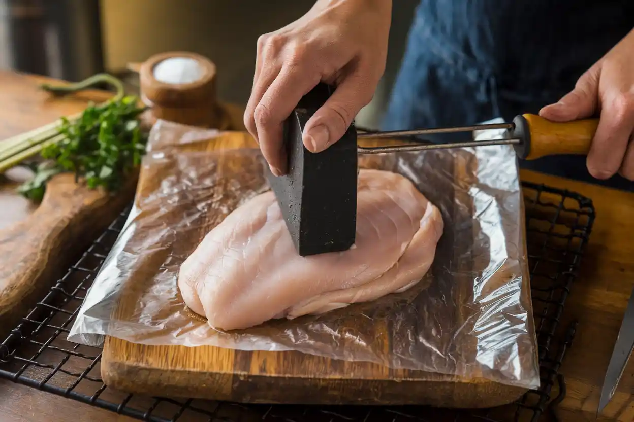 Flattening chicken for breading evenly	