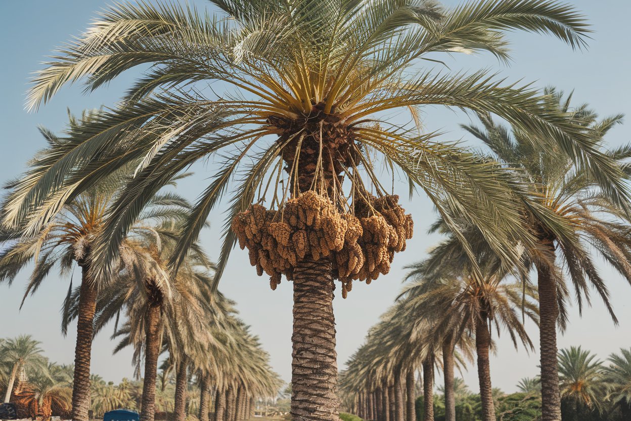 A lush date palm tree with hanging date clusters