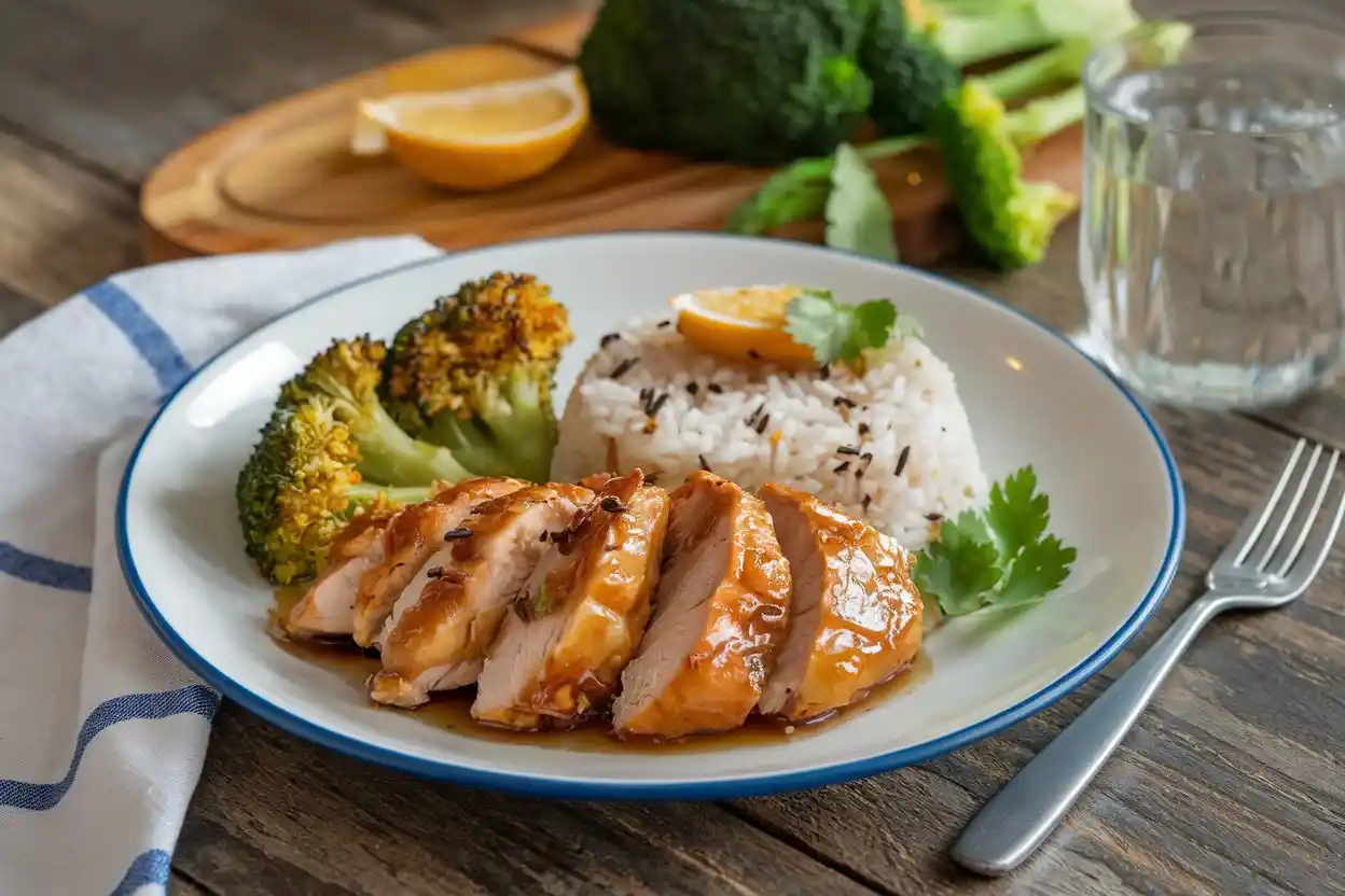 Honey chicken paired with rice and broccoli