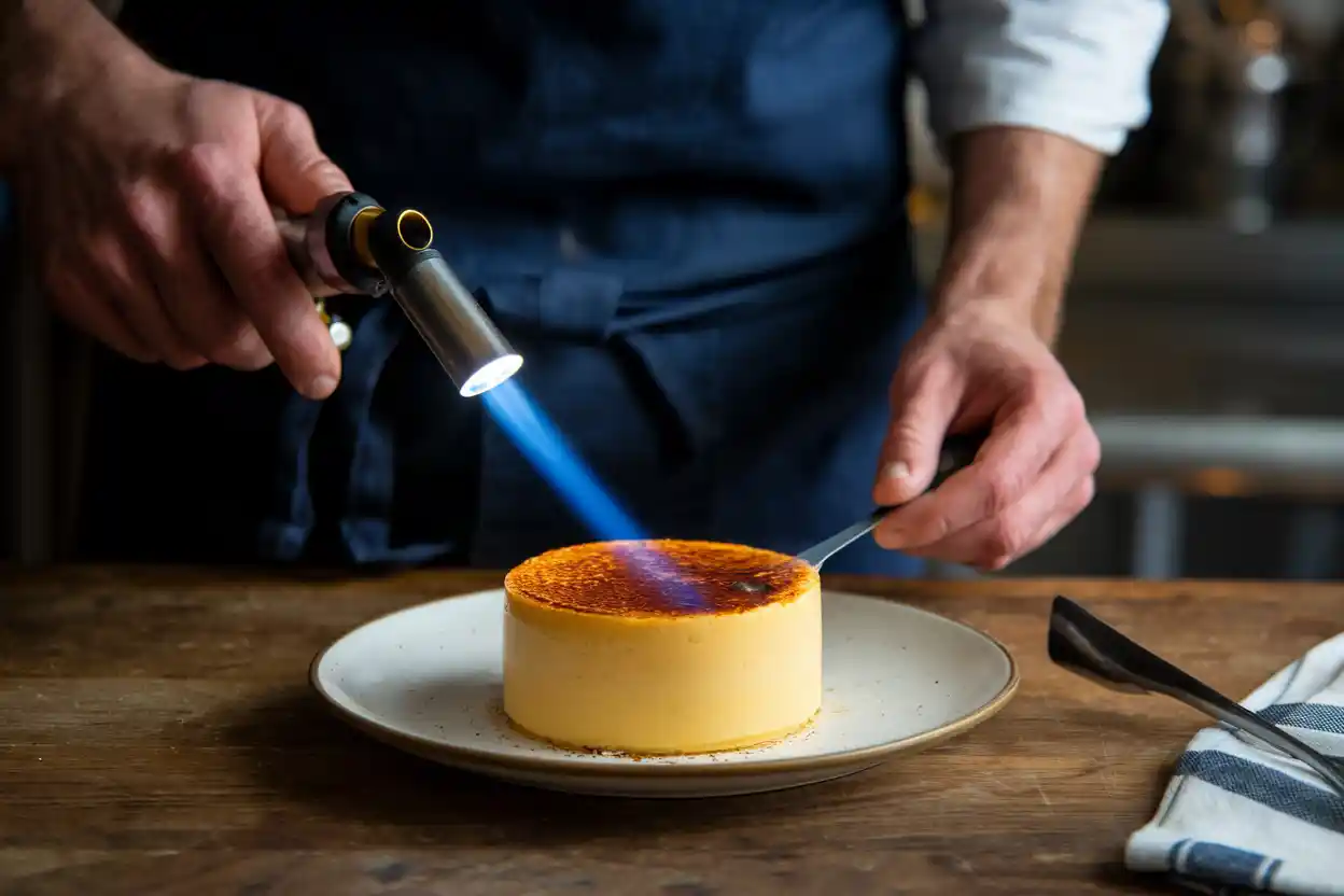 Chef torching crème brûlée