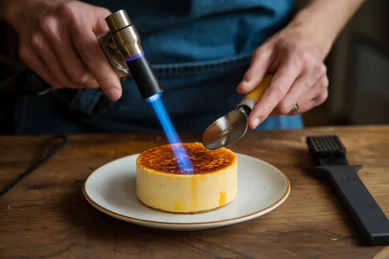 Kitchen torch caramelizing crème brûlée