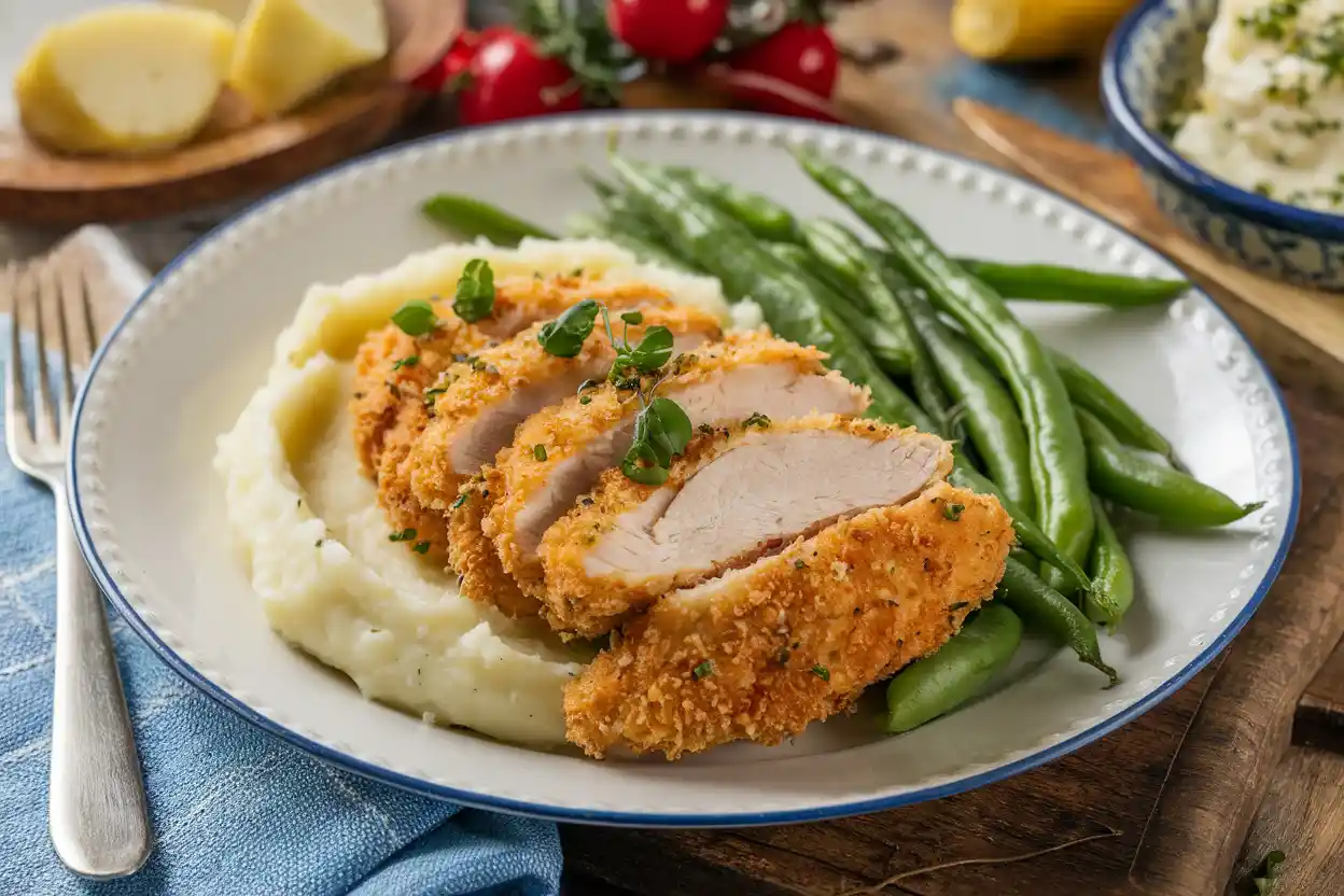 Breaded chicken with mashed potatoes