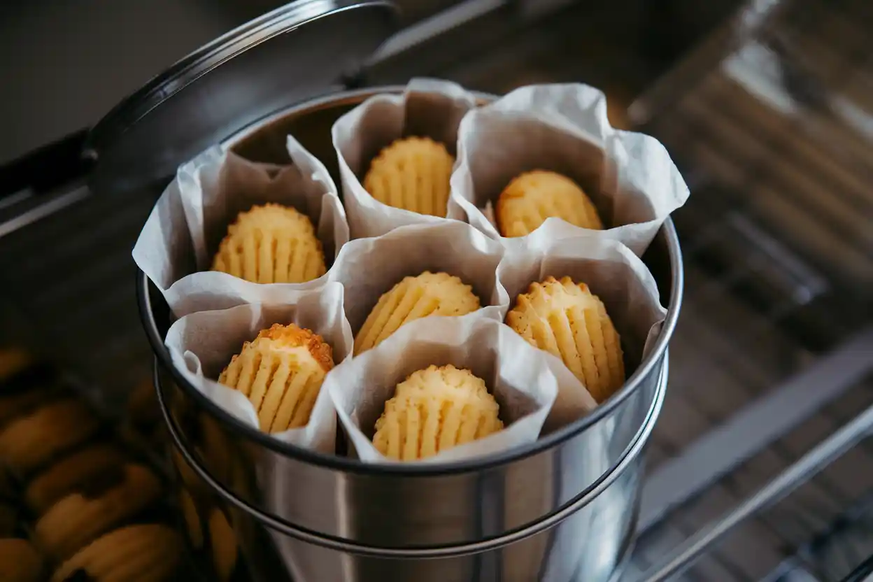 Wrapped moist madeleines in parchment	