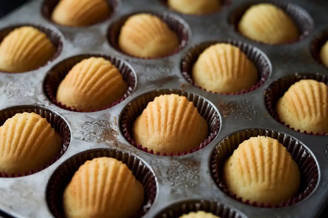 Shell-shaped madeleines on a cooling rack