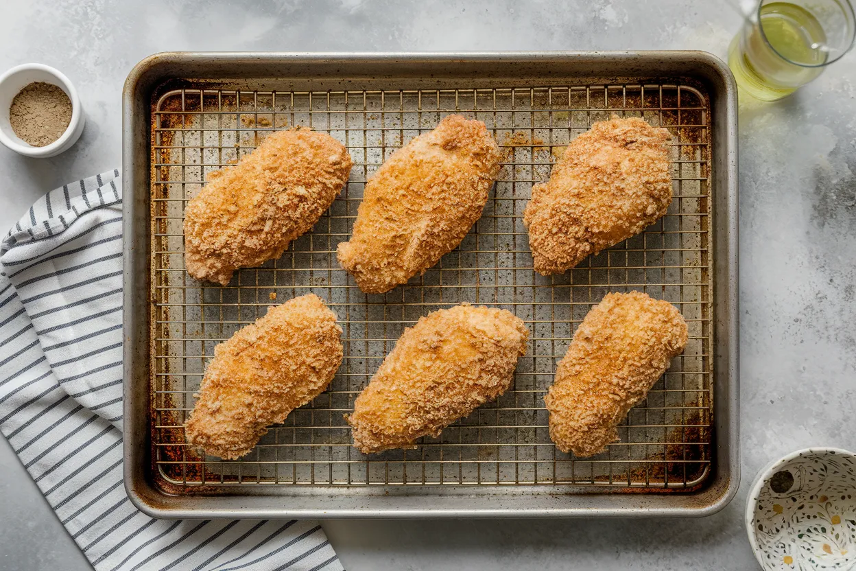 Oven-baked breaded chicken on a rack	