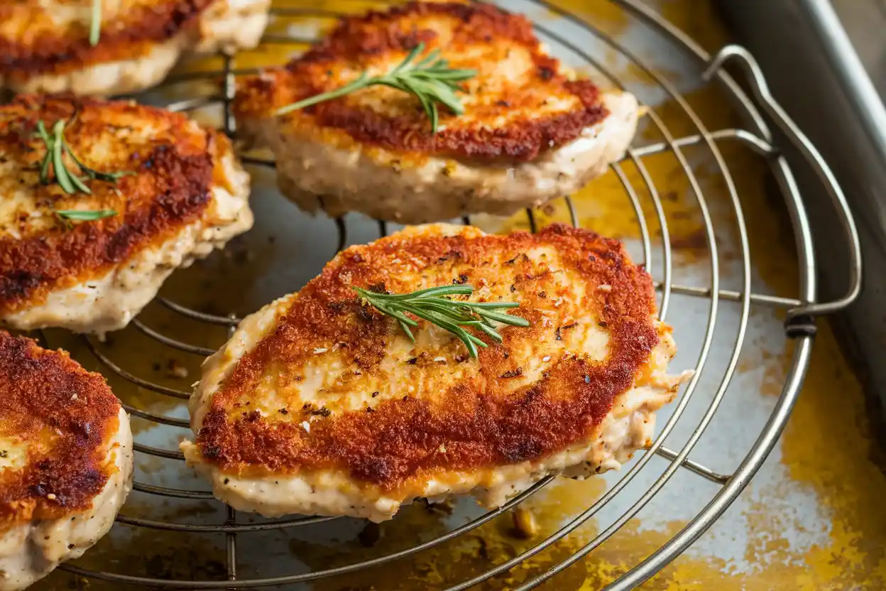 Crispy golden fried chicken cutlets resting	