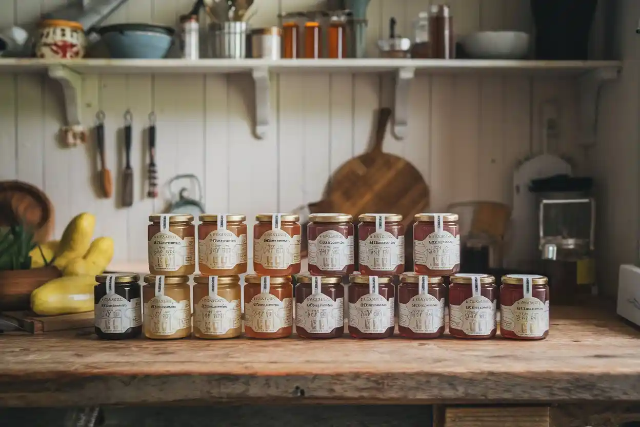 Assorted honey jars in a kitchen