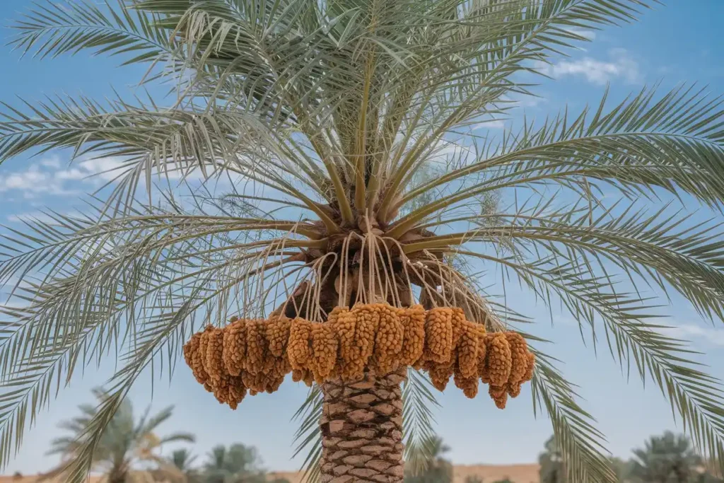 Date palm tree with ripe fruits