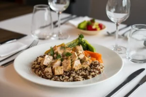 A plate of seasoned chicken, quinoa, and vegetables sits on a table.