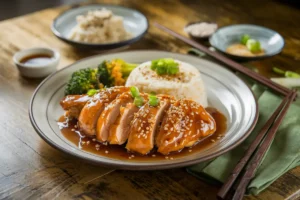 Sliced teriyaki chicken breast served with rice and broccoli on a plate.