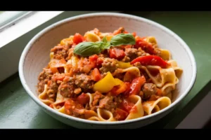 A bowl of pasta with sausage, peppers, and tomato sauce, topped with basil.
