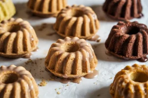 Several small, iced bundt cakes sit on a white surface.