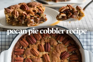 A close-up image features pecan pie cobbler on a plate and in a baking dish.