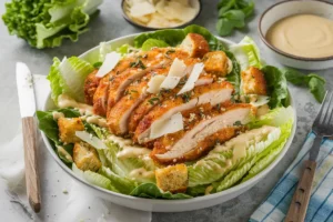 A crispy breaded chicken cutlet is sliced and served atop a bed of romaine lettuce with croutons, parmesan cheese, and Caesar dressing.
