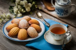 A plate of madeleine cookies dusted with powdered sugar sits next to a cup of tea.