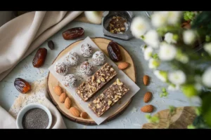 A flatlay image of homemade date and nut energy bars and balls.