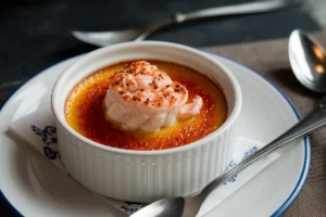 A small, white ramekin holds a creme brulee topped with a cooked shrimp.