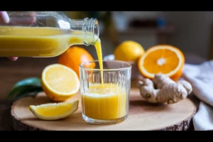 A hand pours bright yellow citrus juice from a bottle into a glass.