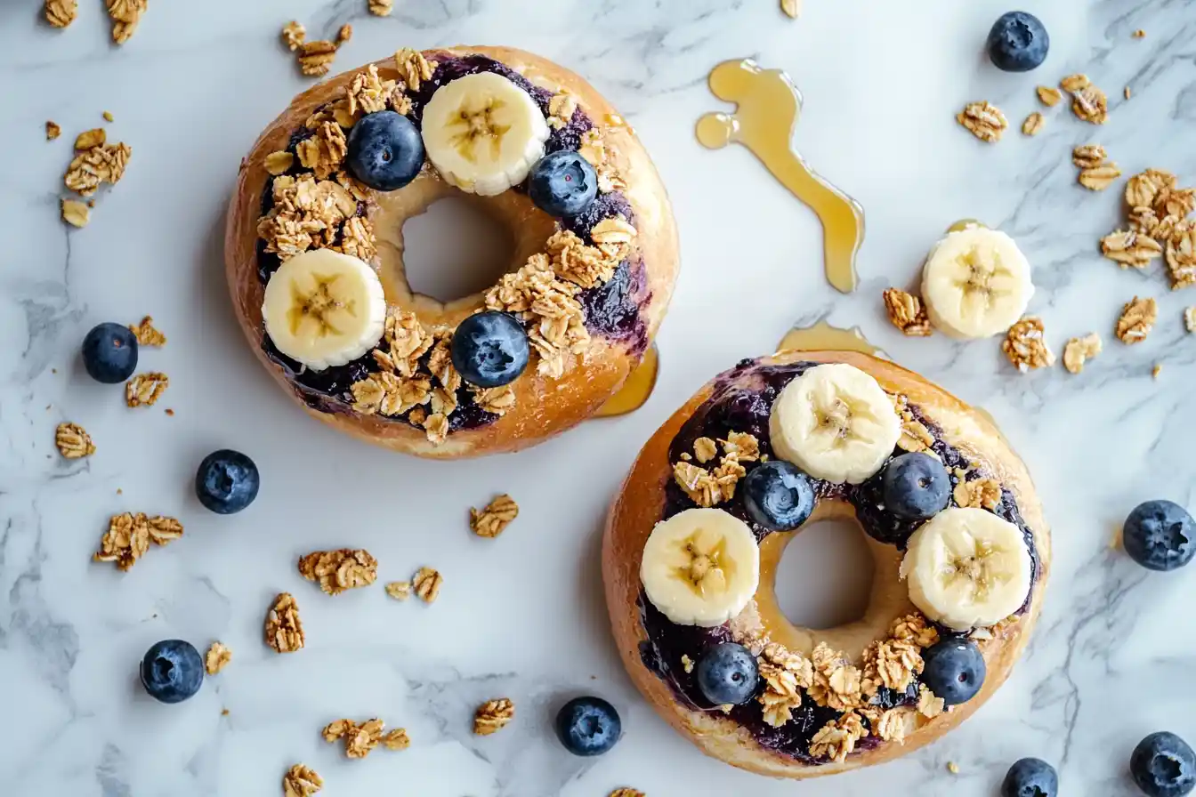 Granola and fruit on blueberry bagel