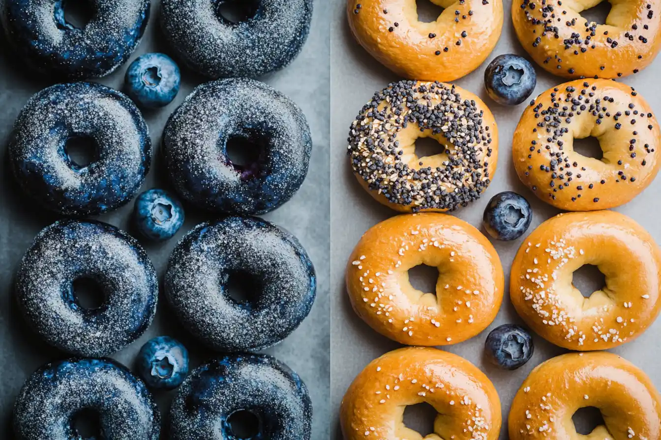 Baked bagels with fresh and frozen blueberries