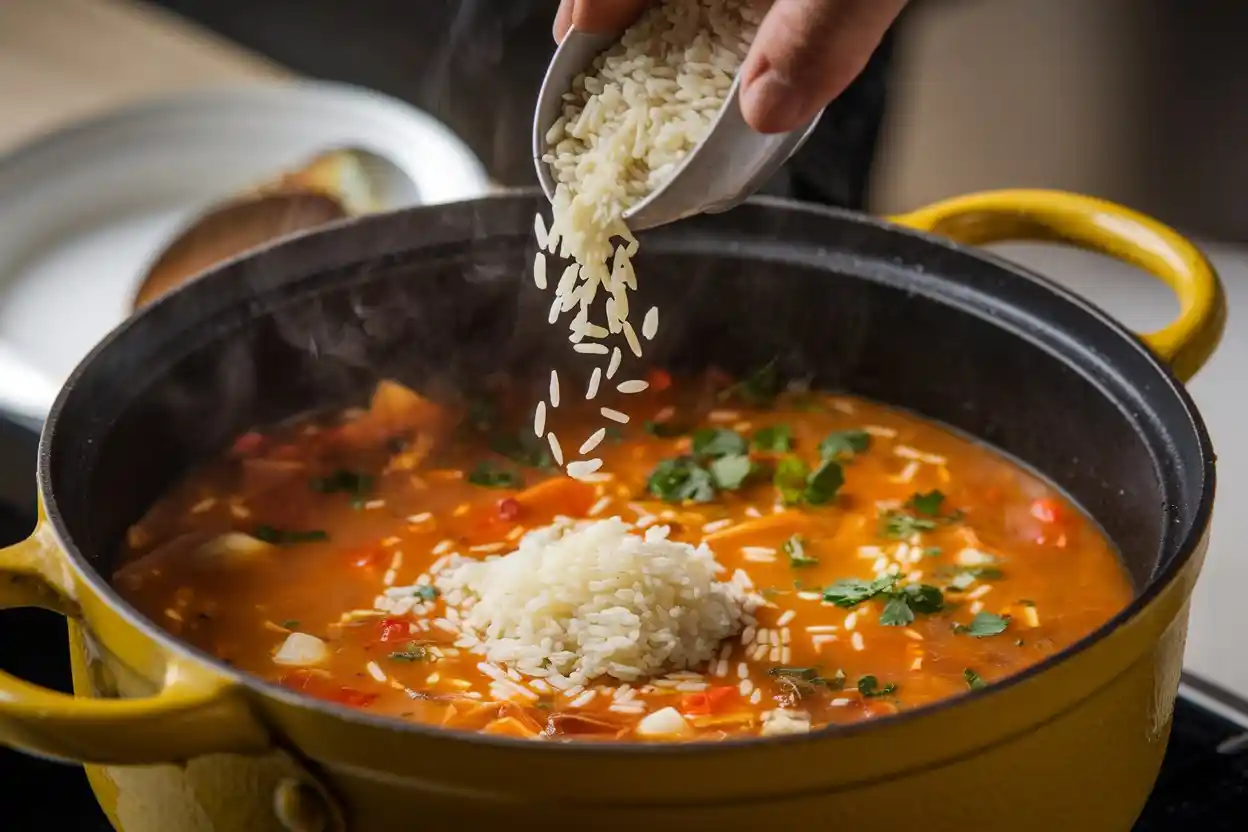 Adding raw rice to soup