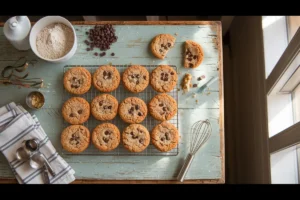 Freshly baked chocolate chip cookies cool on a wire rack.