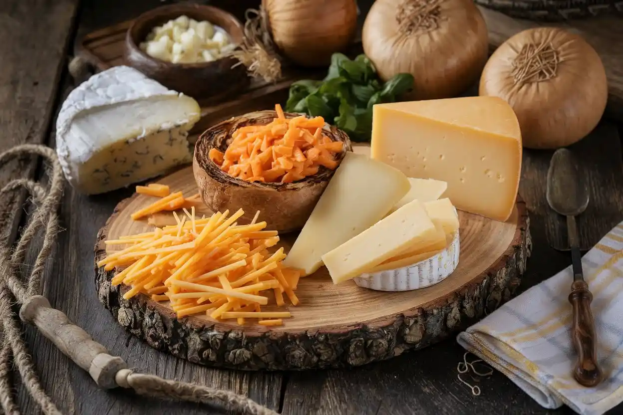 Assorted cheeses on a wooden board