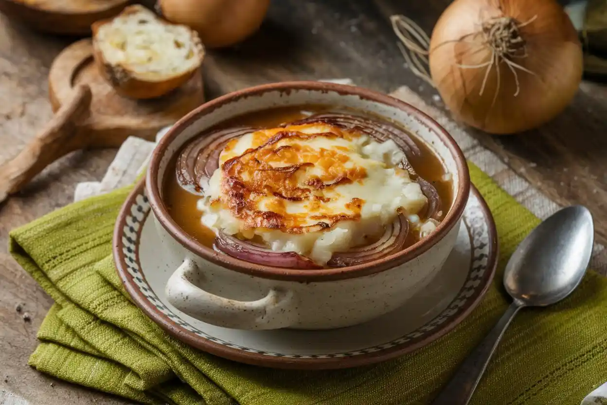 French onion soup with golden cheese topping