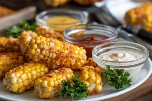 Deep-fried corn on the cob is served with dipping sauces.