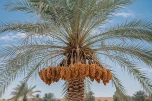 Date palm tree with ripe fruits