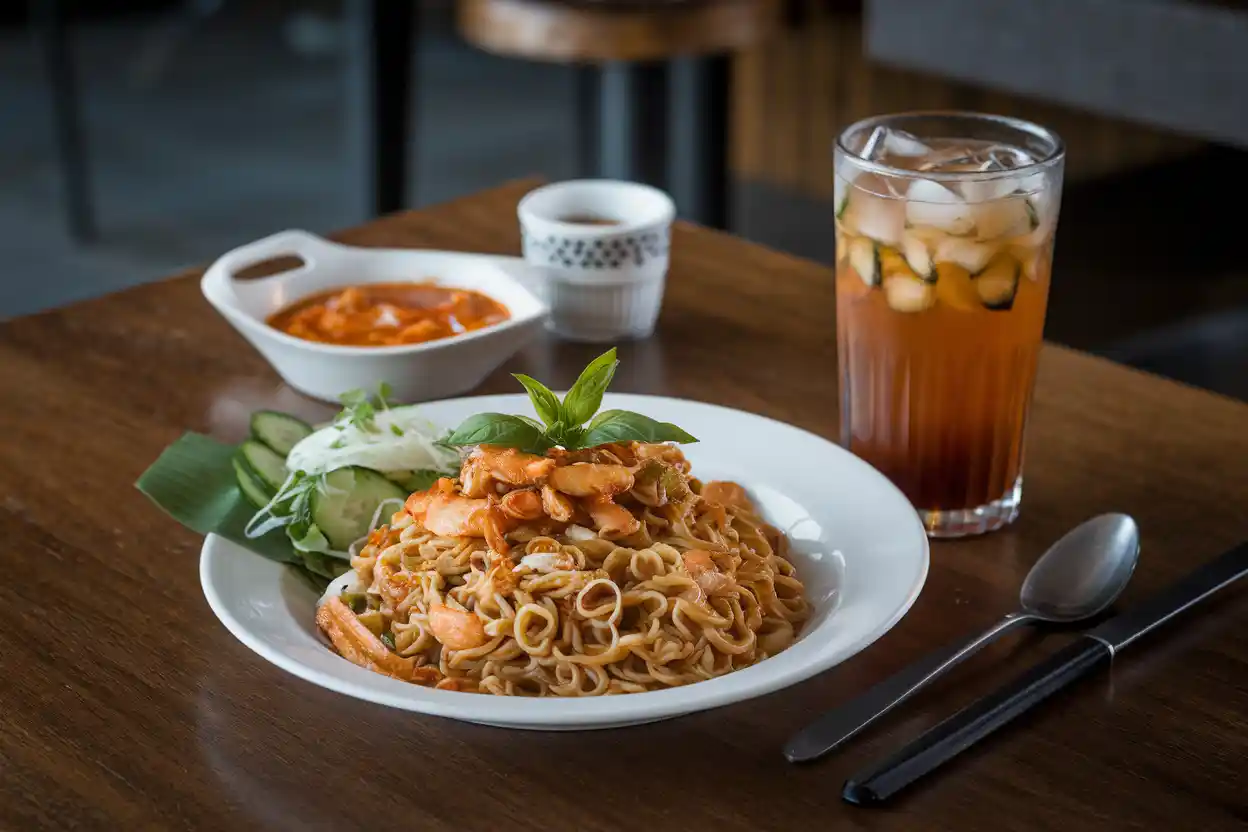 Plate of Drunken Noodles served with sides