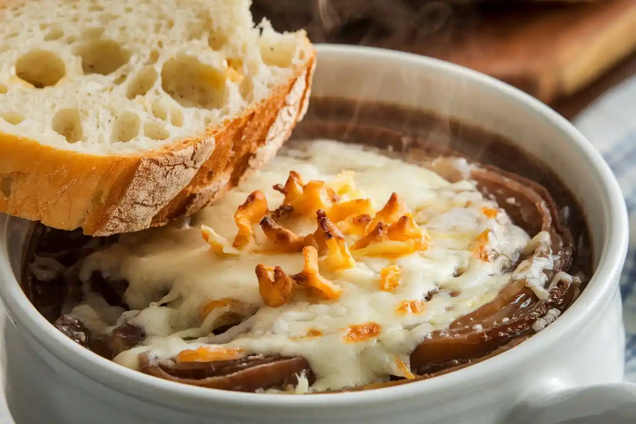 French onion soup with golden cheese