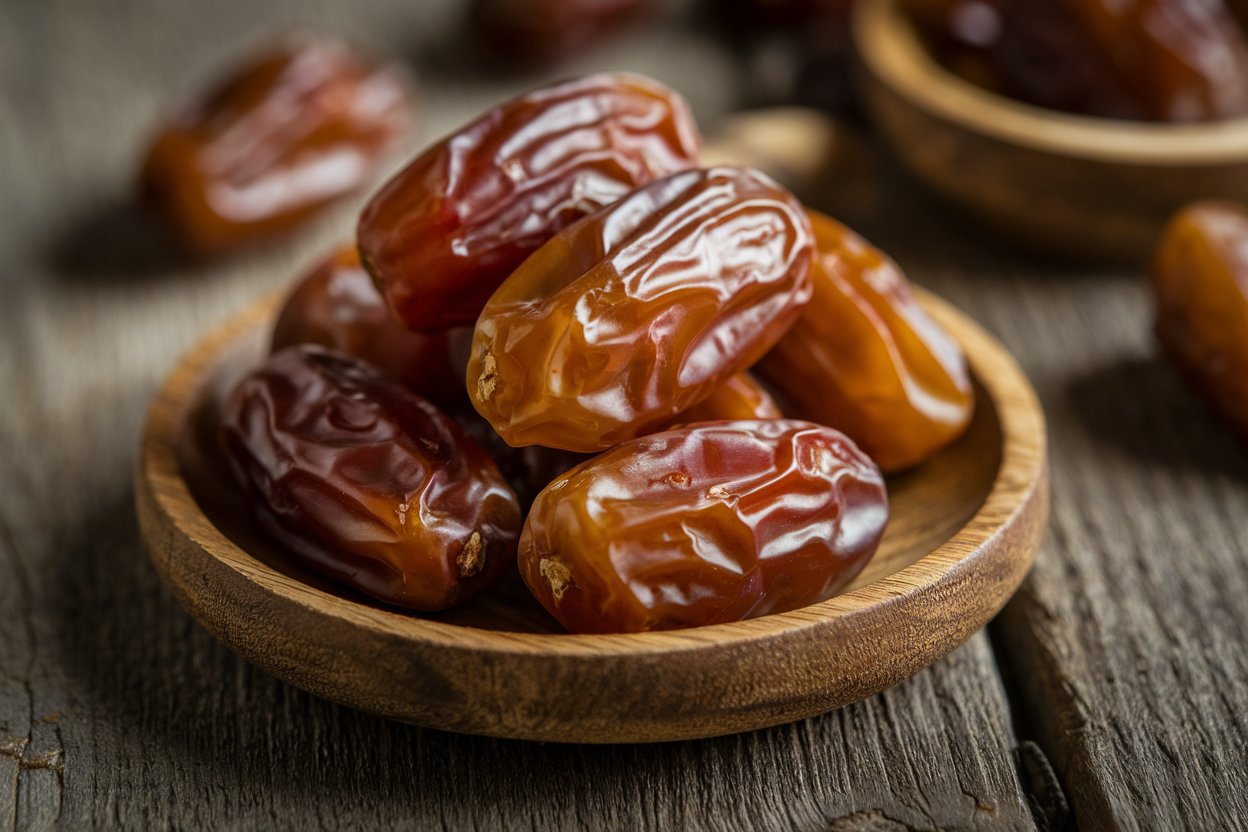 Close-up of fresh Medjool dates on a rustic plate