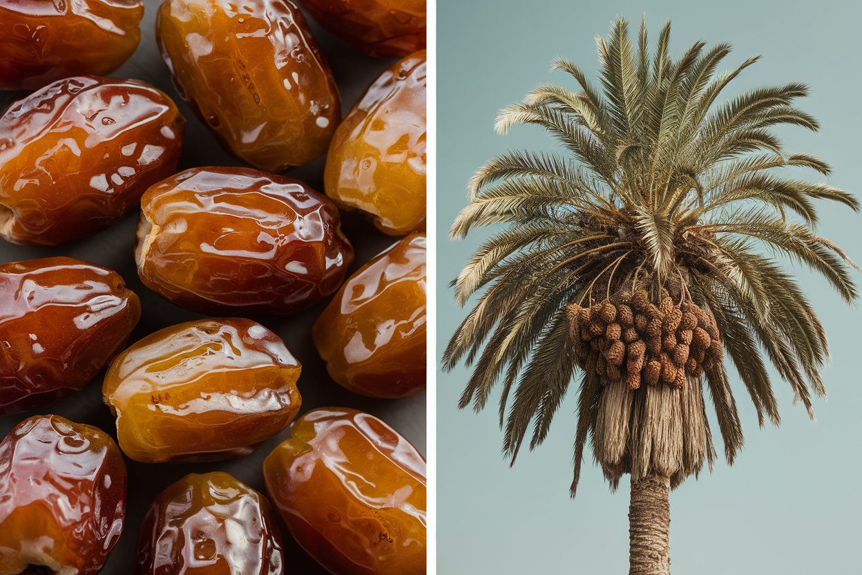 Medjool dates and date palms side by side