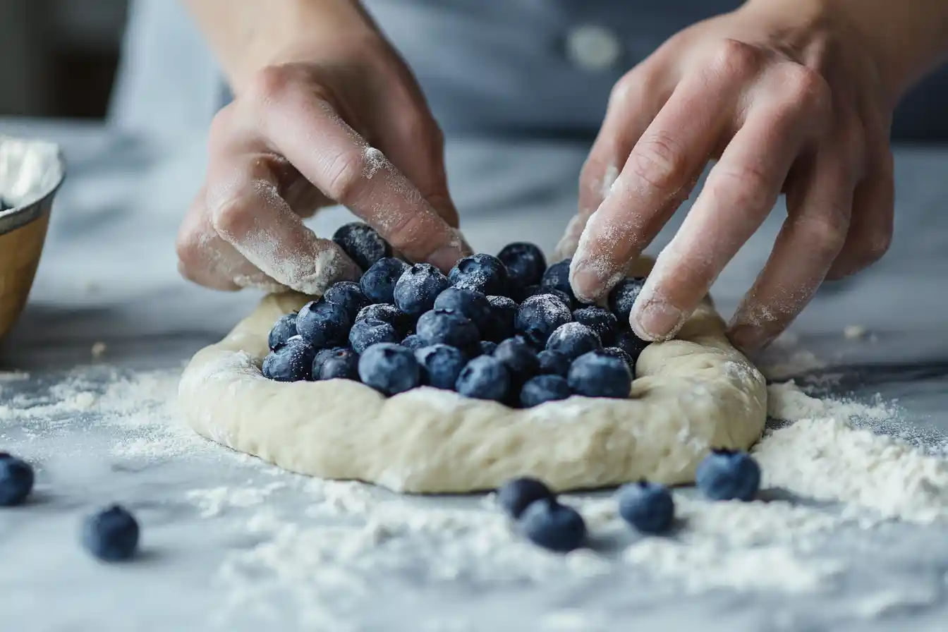 Fresh blueberries being folded into bagel dough