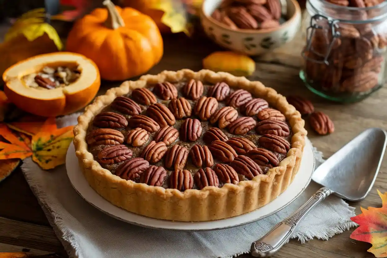 Freshly baked pecan pie with gooey filling and pecans on top.