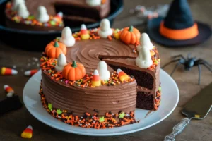 A chocolate cake decorated with Halloween candy corn, pumpkins, and ghost figures sits on a white plate.