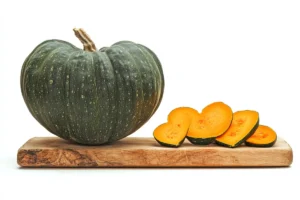 A whole green pumpkin sits on a wooden cutting board next to several heart-shaped slices of pumpkin.
