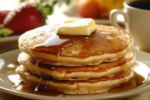 A stack of three pancakes topped with melting butter and syrup sits on a plate.