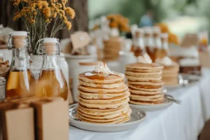 Stacks of pancakes topped with whipped cream and syrup sit on a table at an outdoor event.