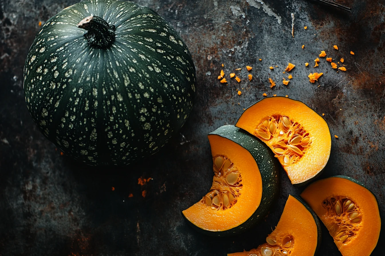 Whole and sliced Kabocha squash