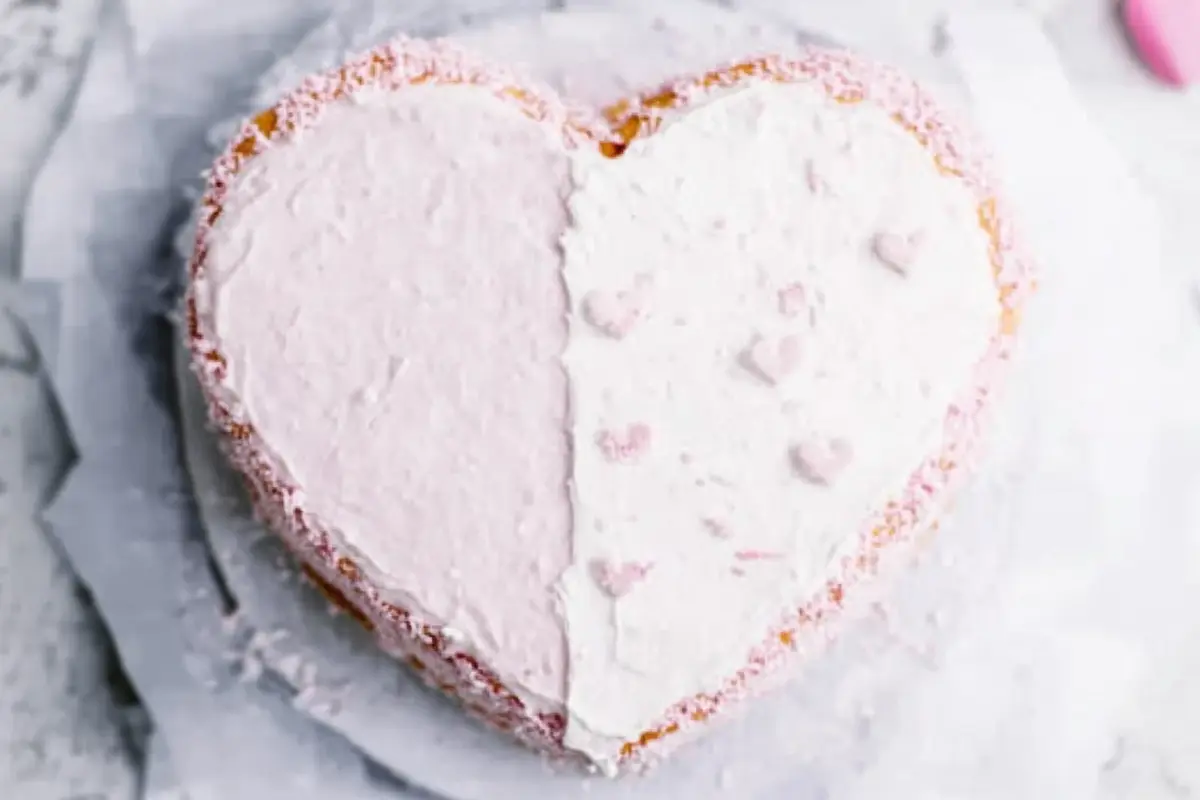 Heart-shaped cake with textured frosting.