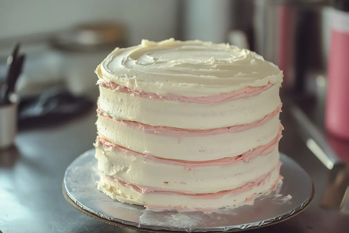 Partially frosted vintage layer cake on turntable.