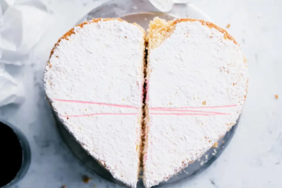 Vintage heart cake sliced into halves with pink frosting details