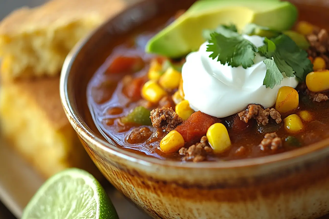 Taco soup served with toppings