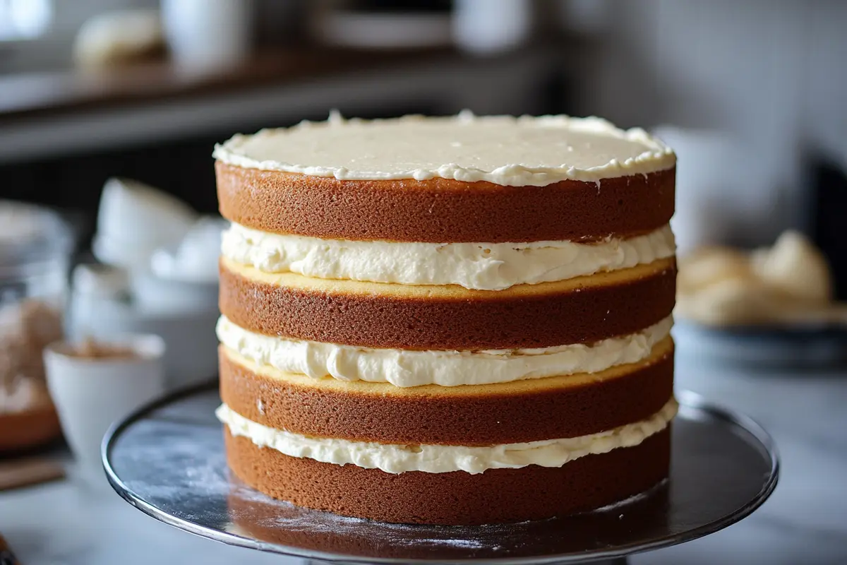 Stacked cake layers with vanilla buttercream filling.