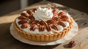 A pecan pie topped with whipped cream and pecan halves sits on a wooden table.