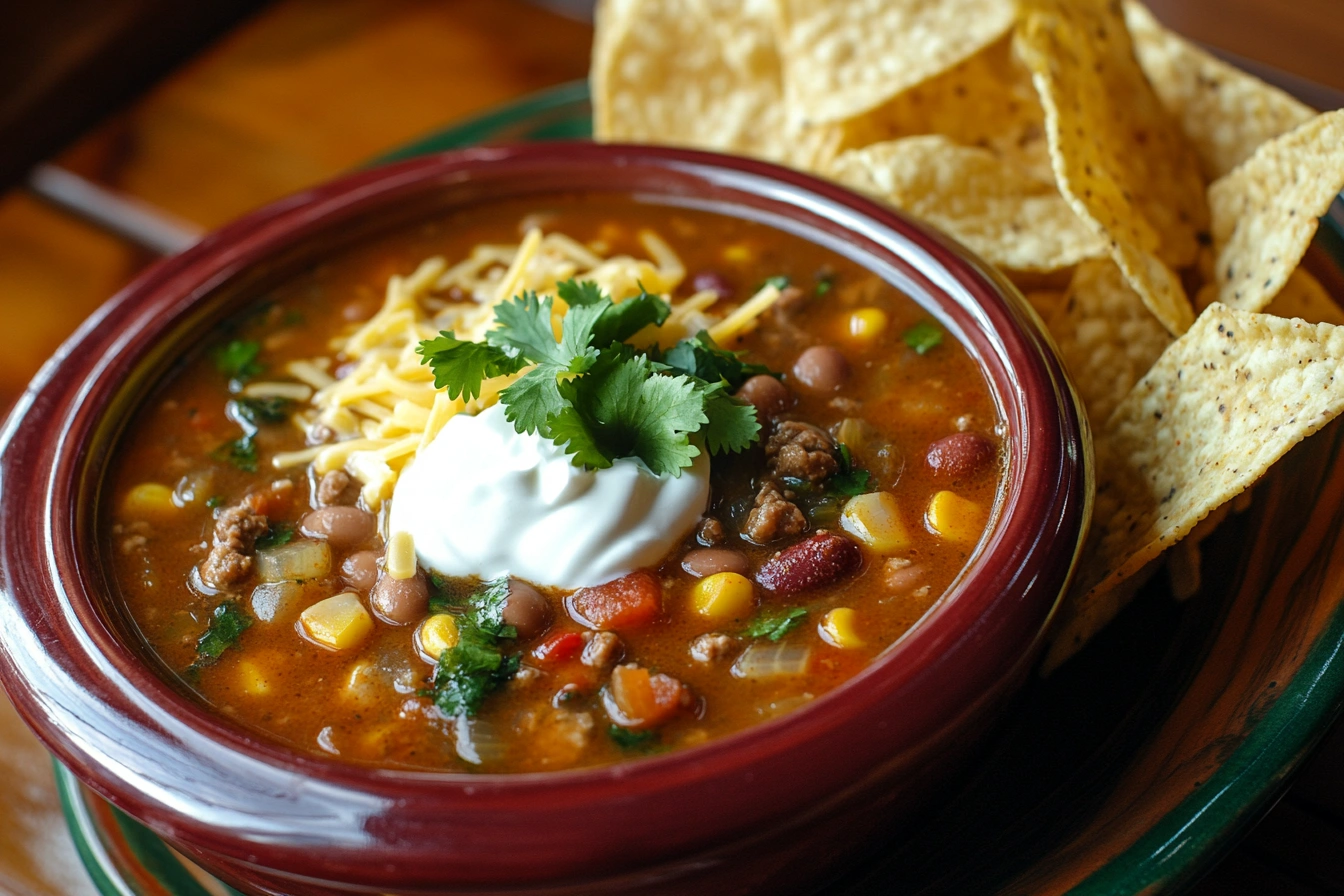 6-ingredient taco soup in a bowl